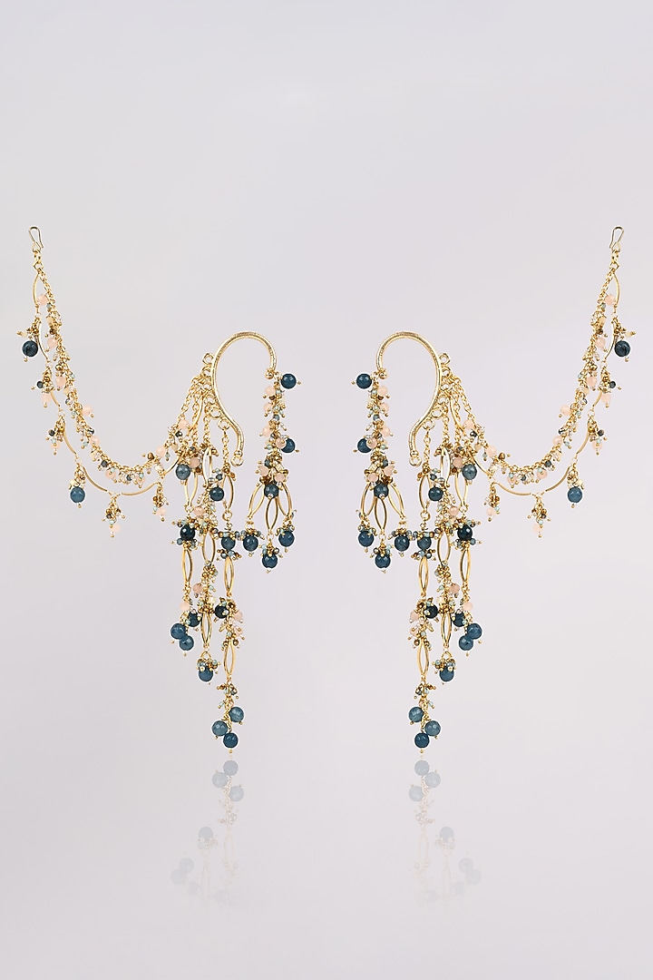 Gold Finish Navy Blue Beaded Earchains by House of D'oro at Pernia's Pop Up Shop