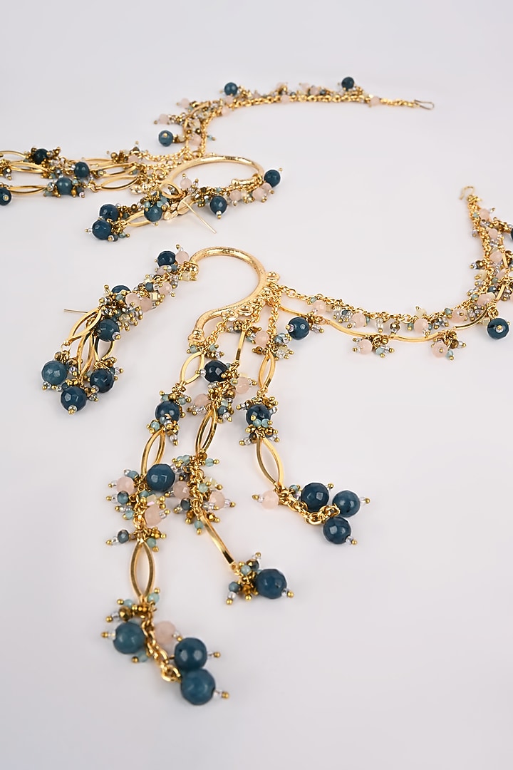 Gold Finish Navy Blue Beaded Earchains by House of D'oro at Pernia's Pop Up Shop