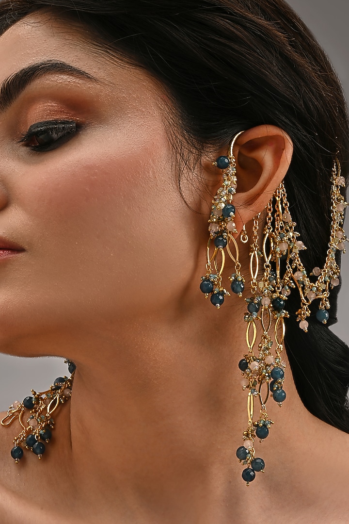 Gold Finish Navy Blue Beaded Earchains by House of D'oro at Pernia's Pop Up Shop