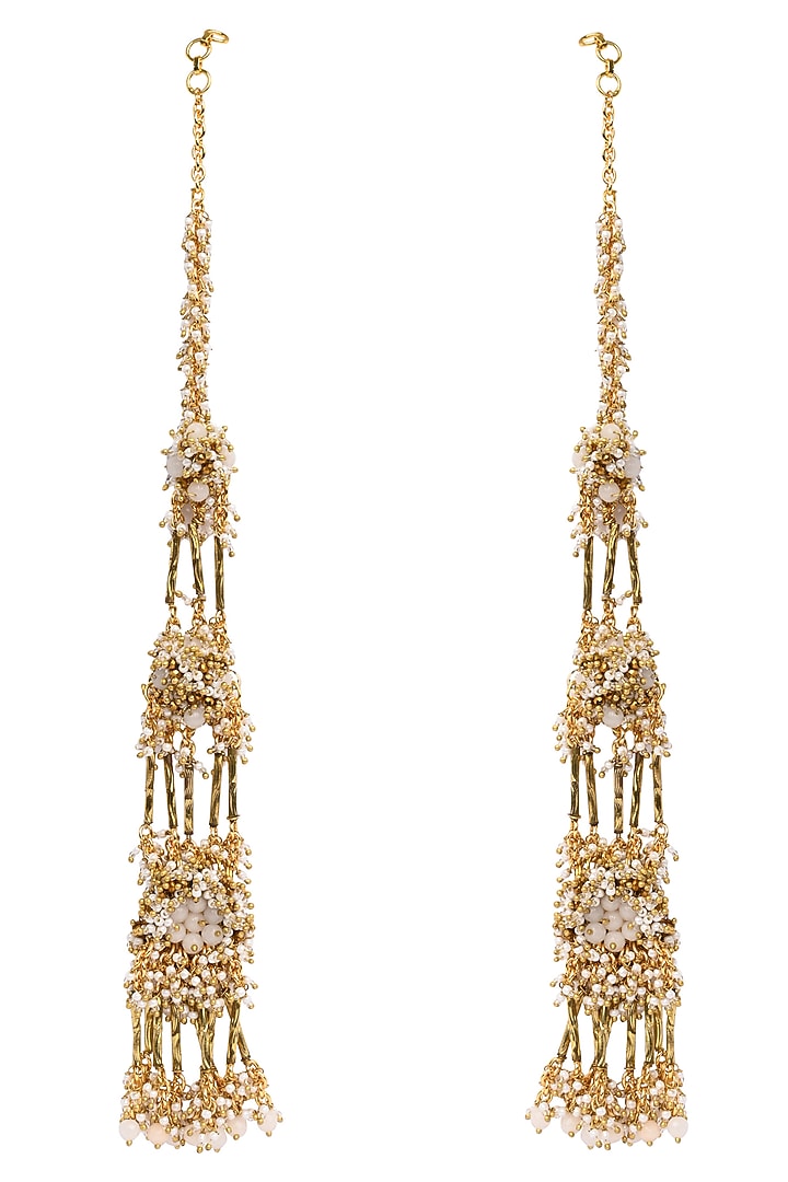 Gold Finish Beige Stone & Crystal Earchains by House of D'oro at Pernia's Pop Up Shop