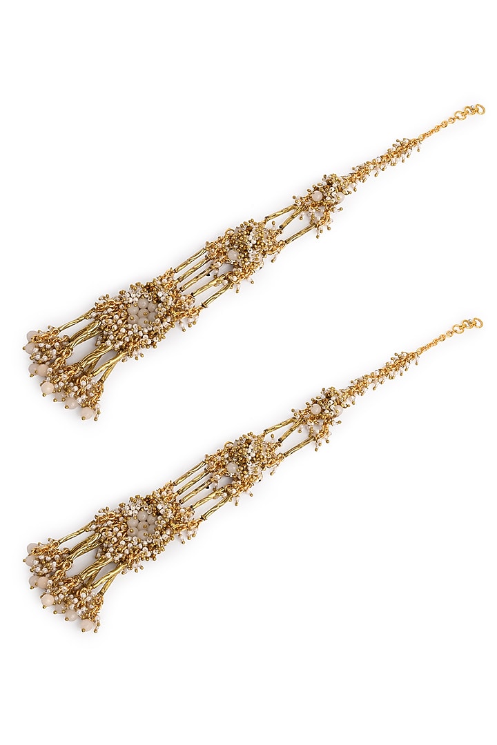 Gold Finish Beige Stone & Crystal Earchains by House of D'oro at Pernia's Pop Up Shop