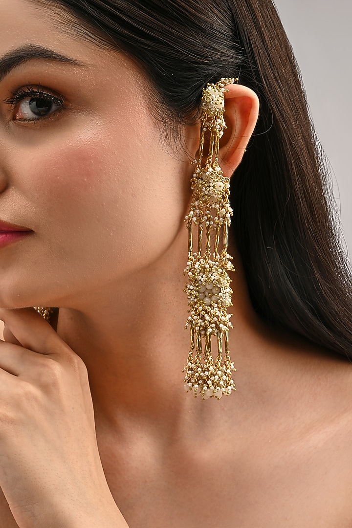 Gold Finish Beige Stone & Crystal Earchains by House of D'oro at Pernia's Pop Up Shop