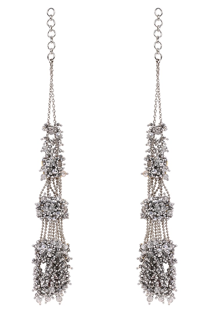 Silver Finish Crystal Handcrafted Layered Long Earrings by House of D'oro at Pernia's Pop Up Shop