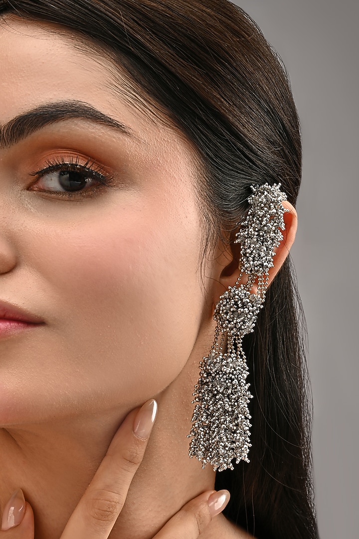 Silver Finish Crystal Handcrafted Layered Long Earrings by House of D'oro at Pernia's Pop Up Shop