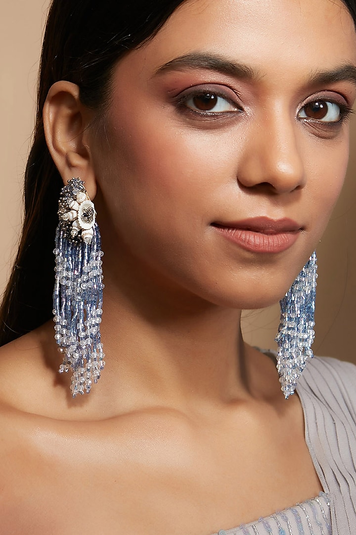 Silver Finish Blue Synthetic Stone Tassel Earrings by House of D'oro at Pernia's Pop Up Shop