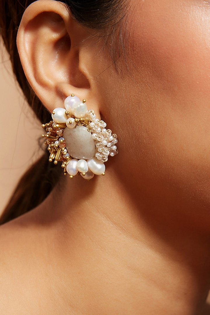 Gold Finish Shell Pearl Stud Earrings by House of D'oro at Pernia's Pop Up Shop