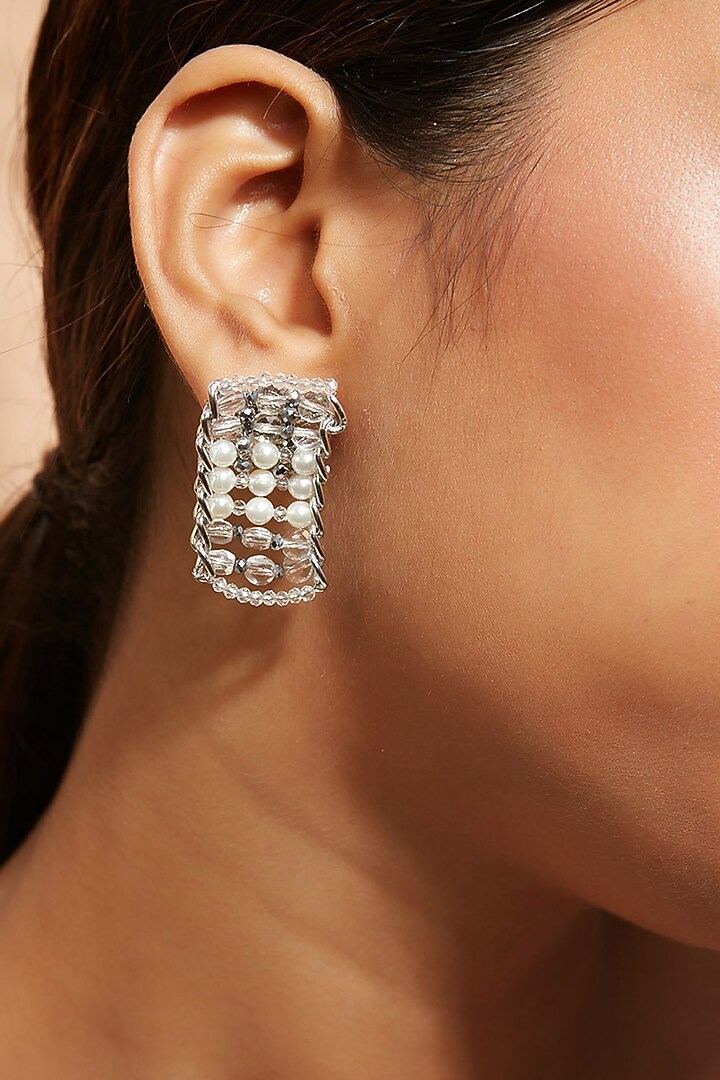 Silver Finish Pearl & Crystal Stud Earrings by House of D'oro at Pernia's Pop Up Shop