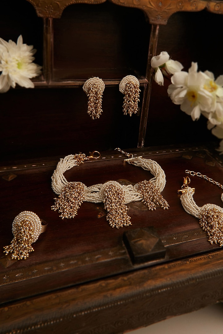 Gold Plated Pearl Choker Necklace Set by House of D'oro