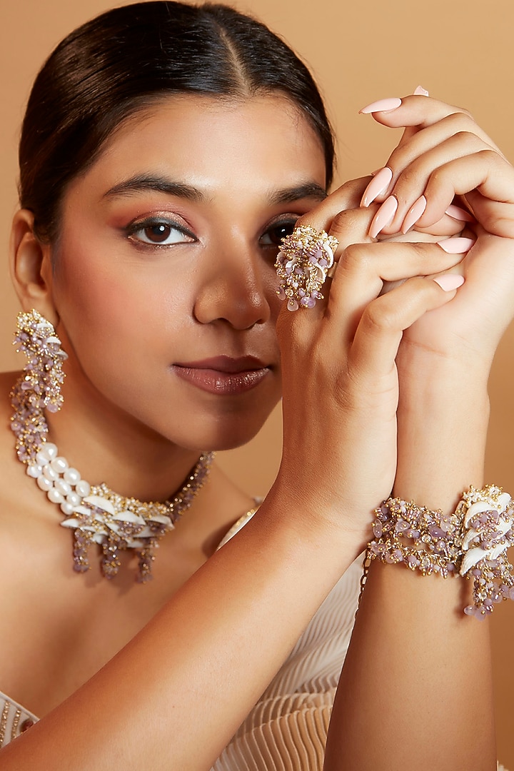 Gold Finish Shell & Agate Choker Necklace Set by House of D'oro at Pernia's Pop Up Shop