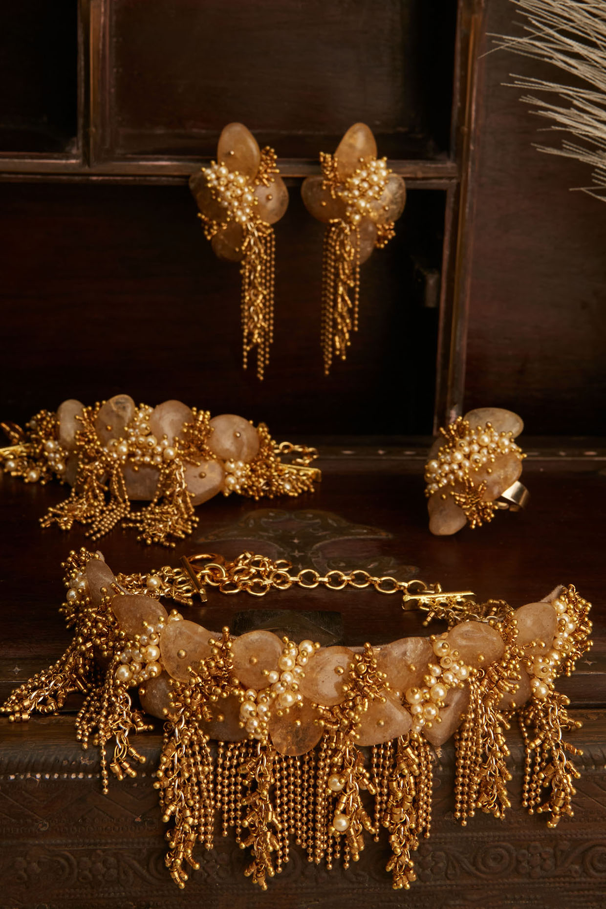Gold Finish Gold Stone Choker Necklace Set by House of D'oro