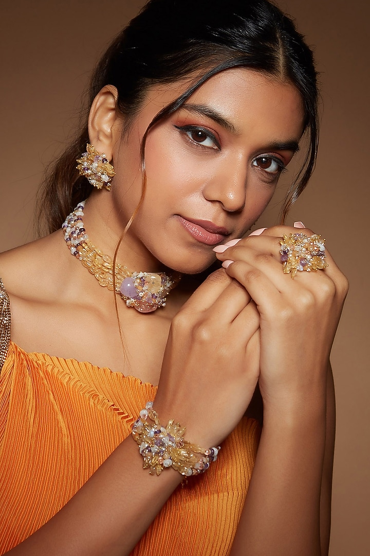 Gold Finish Multi-Colored Stone & Pearl Choker Necklace Set by House of D'oro at Pernia's Pop Up Shop