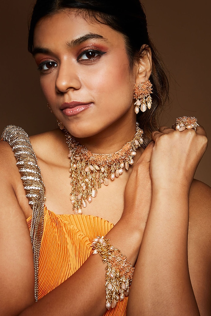 Gold Finish Gold Beige Stone Choker Necklace Set by House of D'oro at  Pernia's Pop Up Shop