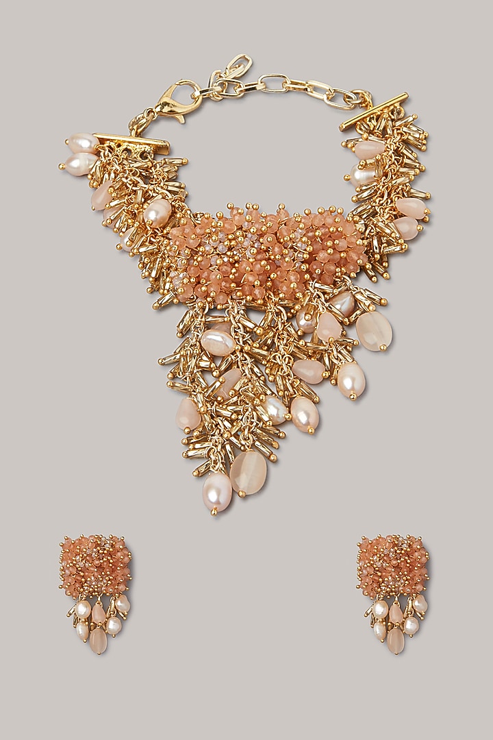 Gold Finish Gold Beige Stone Choker Necklace Set by House of D