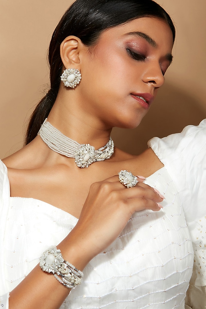 Gold Finish Synthetic Stone & Beaded Choker Necklace Set by House of D'oro at Pernia's Pop Up Shop