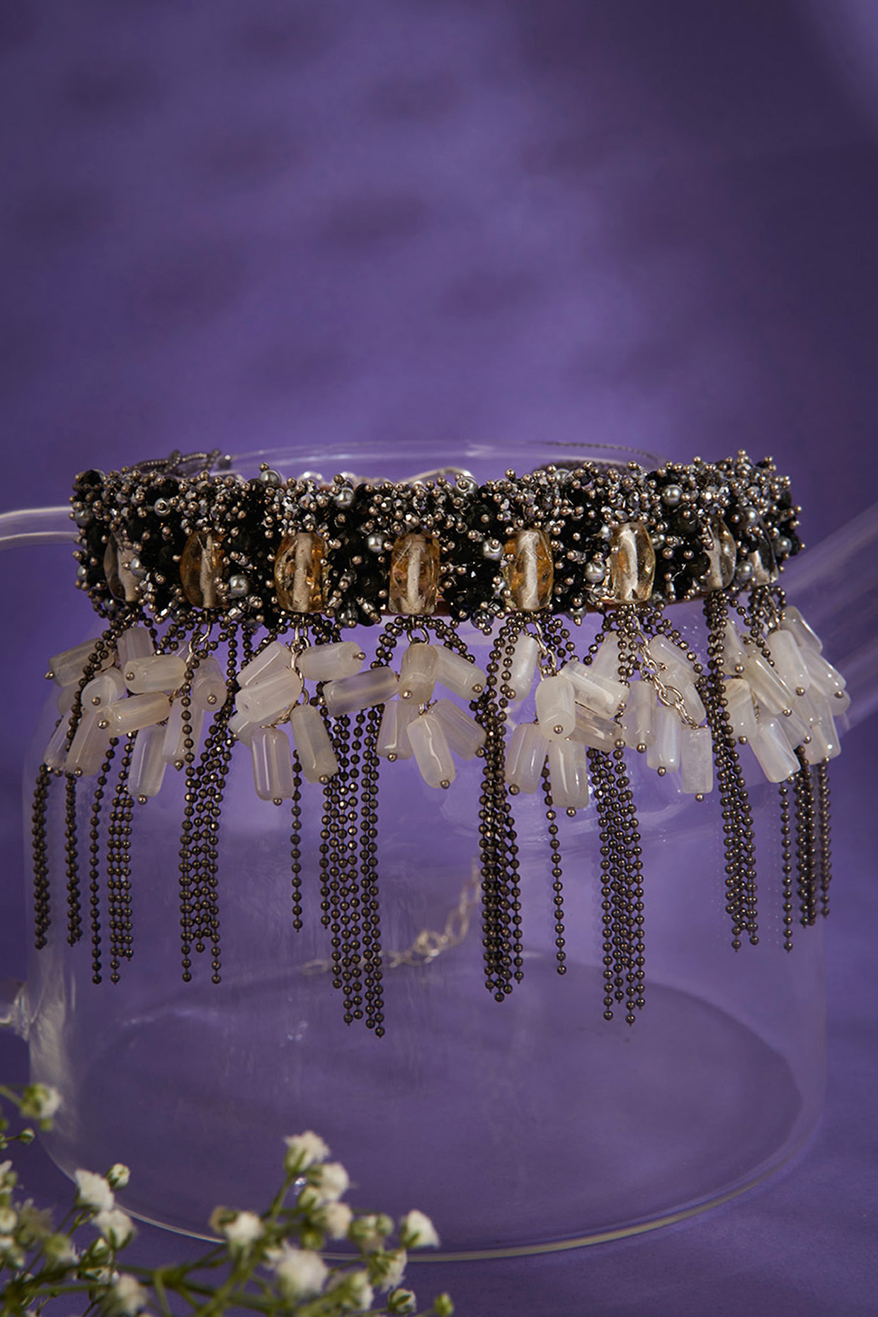 Silver Finish Black & Silver Stone Choker Necklace by House of D'oro