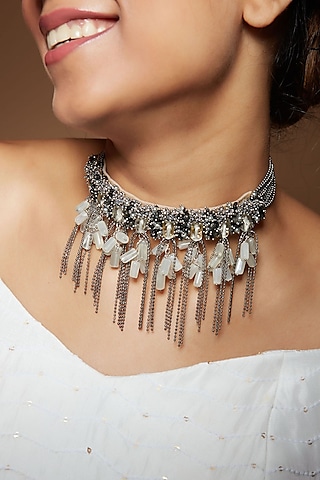 Silver Finish Black & Silver Stone Choker Necklace by House of D'oro