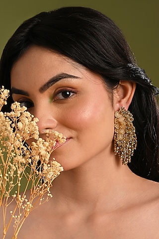 Gold Finish Quartz Cascading Floral Dangler Earrings by House of D'oro