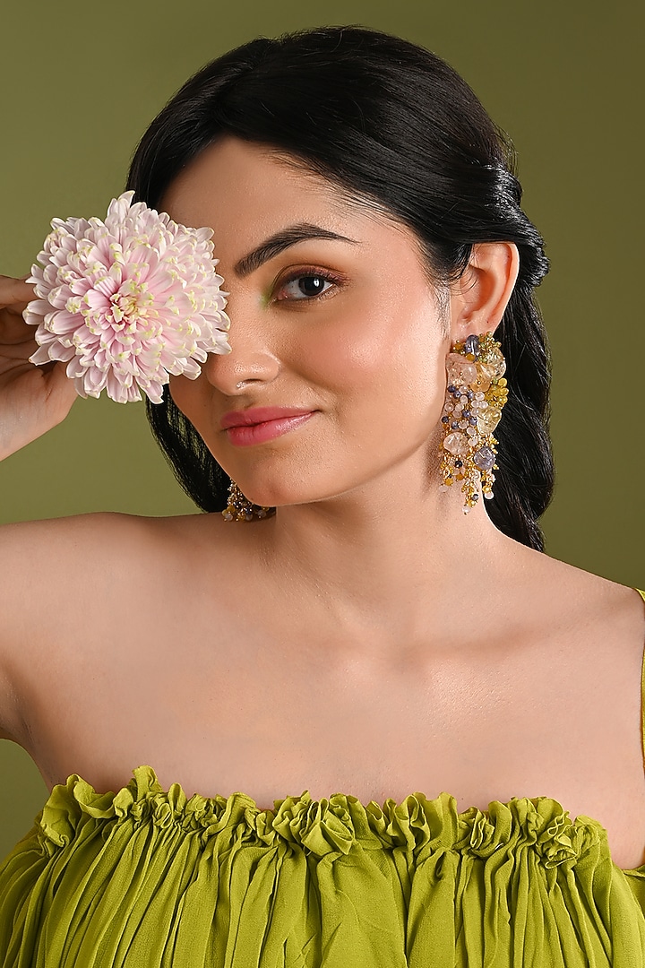 Gold Finish Multi-Colored Agate Stone Floral Dangler Earrings by House of D'oro at Pernia's Pop Up Shop