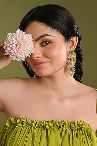 Gold Finish Multi-Colored Agate Stone Floral Dangler Earrings by House of D'oro