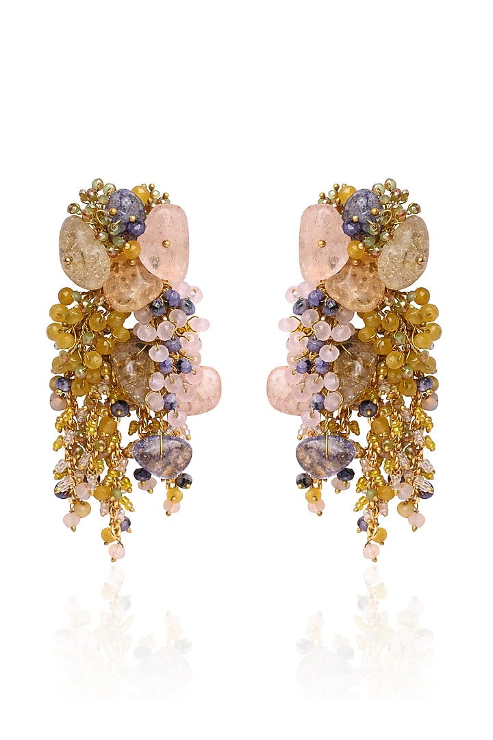 Gold Finish Multi-Colored Agate Stone Floral Dangler Earrings by House of D'oro at Pernia's Pop Up Shop