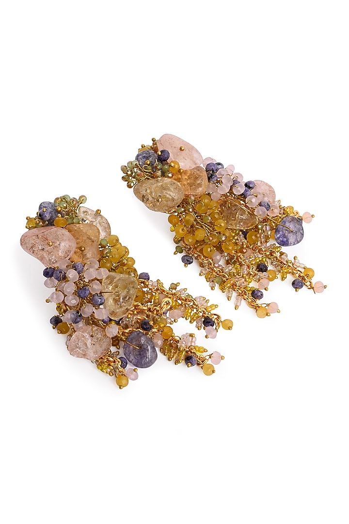 Gold Finish Multi-Colored Agate Stone Floral Dangler Earrings by House of D'oro at Pernia's Pop Up Shop