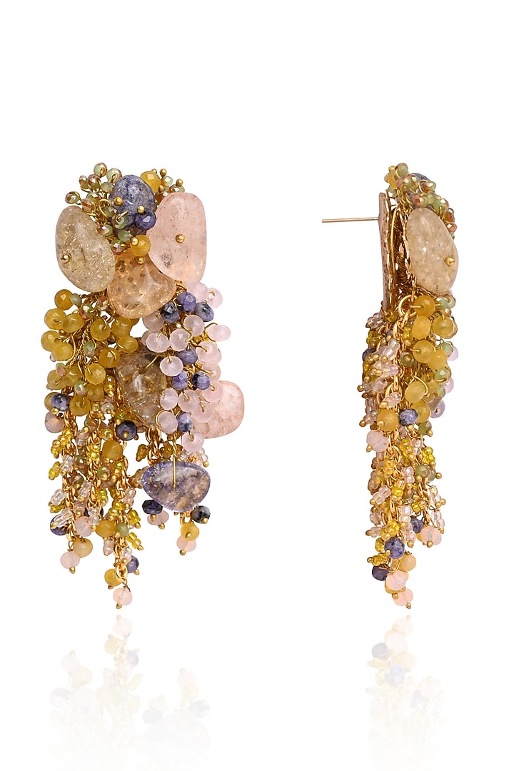Gold Finish Multi-Colored Agate Stone Floral Dangler Earrings by House of D'oro at Pernia's Pop Up Shop