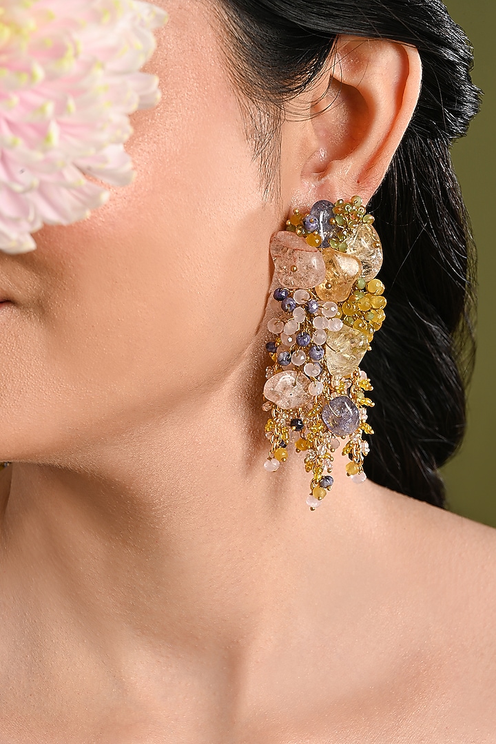 Gold Finish Multi-Colored Agate Stone Floral Dangler Earrings by House of D'oro at Pernia's Pop Up Shop