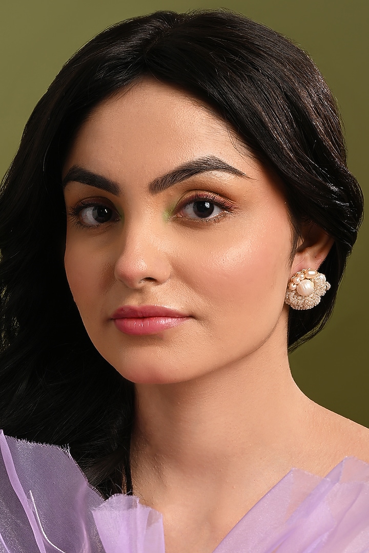 Gold Finish Mother Of Pearl Floral Stud Earrings by House of D'oro at Pernia's Pop Up Shop