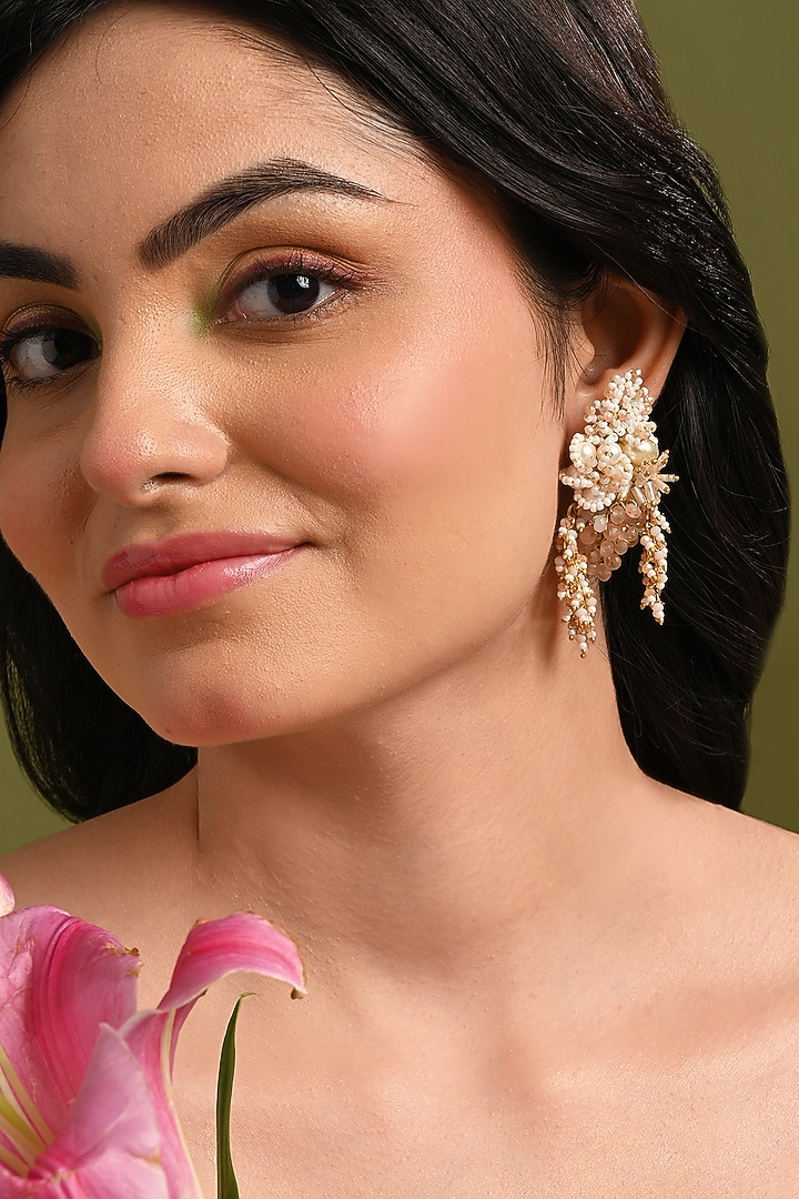 Gold Finish Freshwater Pearl Floral Dangler Earrings by House of D'oro at Pernia's Pop Up Shop