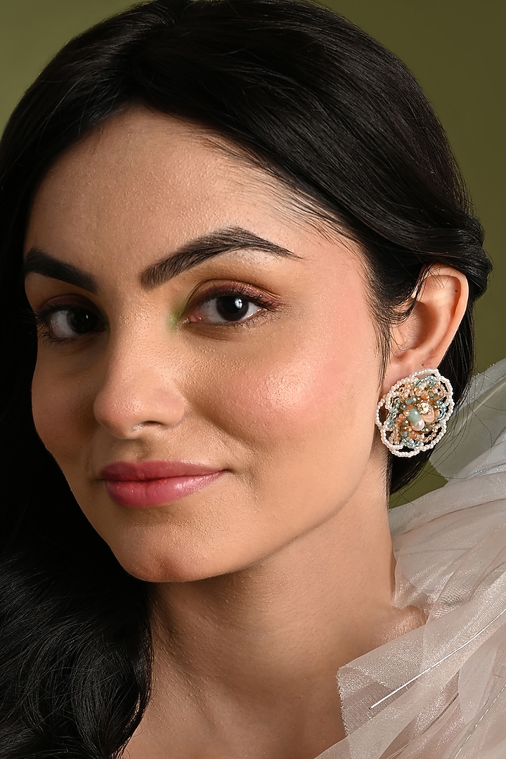 Gold Finish Multi-Colored Quartz Stone Floral Stud Earrings by House of D'oro at Pernia's Pop Up Shop