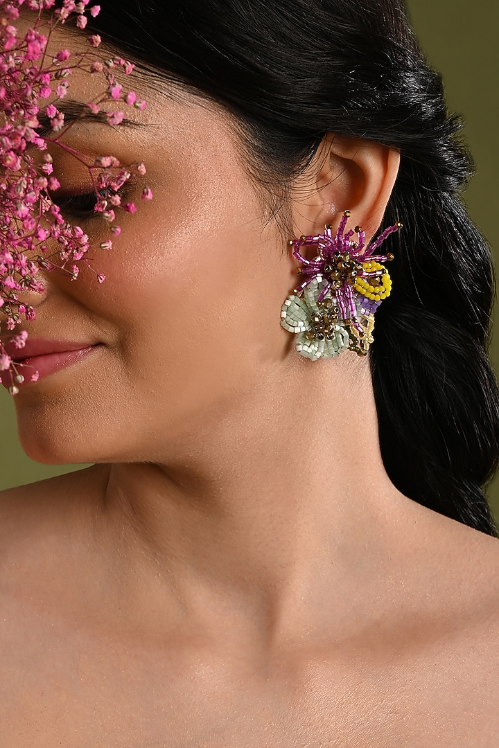 Gold Finish Multi-Colored Crystal Floral Stud Earrings by House of D'oro at Pernia's Pop Up Shop