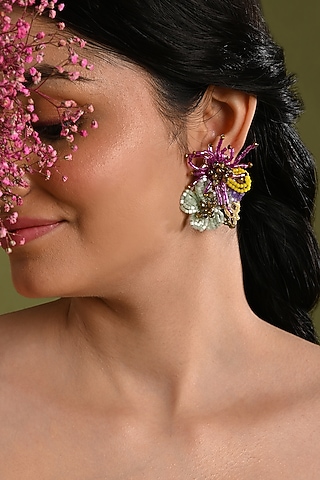 Gold Finish Multi-Colored Crystal Floral Stud Earrings by House of D'oro