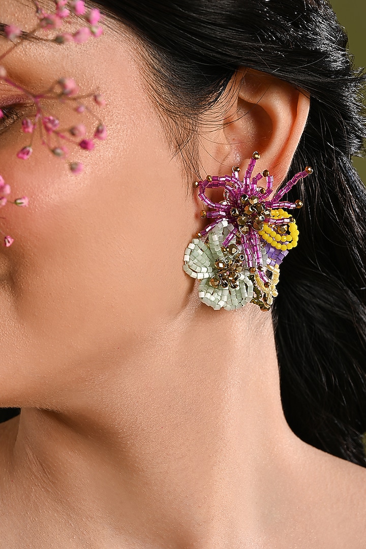 Gold Finish Multi-Colored Crystal Floral Stud Earrings by House of D'oro at Pernia's Pop Up Shop