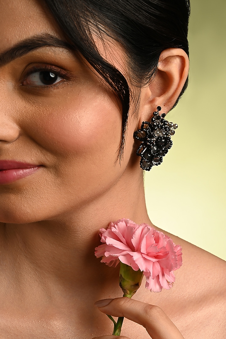 Gold Finish Black Quartz Stone Stud Earrings by House of D'oro at Pernia's Pop Up Shop