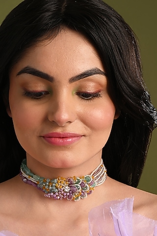 Gold Finish Multi-Colored Stone Floral Choker Necklace by House of D'oro
