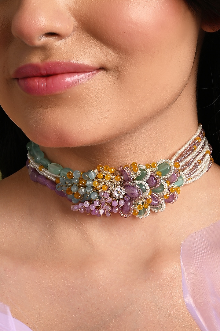 Gold Finish Multi-Colored Stone Floral Choker Necklace by House of D'oro at Pernia's Pop Up Shop