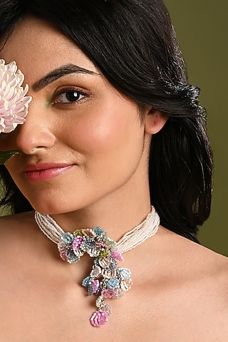 Gold Finish Multi-Colored Beaded Choker Necklace by House of D'oro