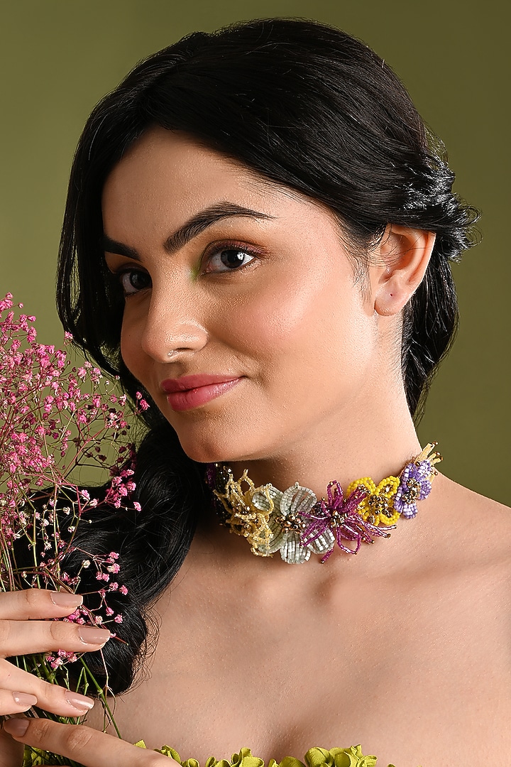 Gold Finish Multi-Colored Crystal Floral Choker Necklace by House of D'oro at Pernia's Pop Up Shop