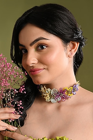 Gold Finish Multi-Colored Crystal Floral Choker Necklace by House of D'oro