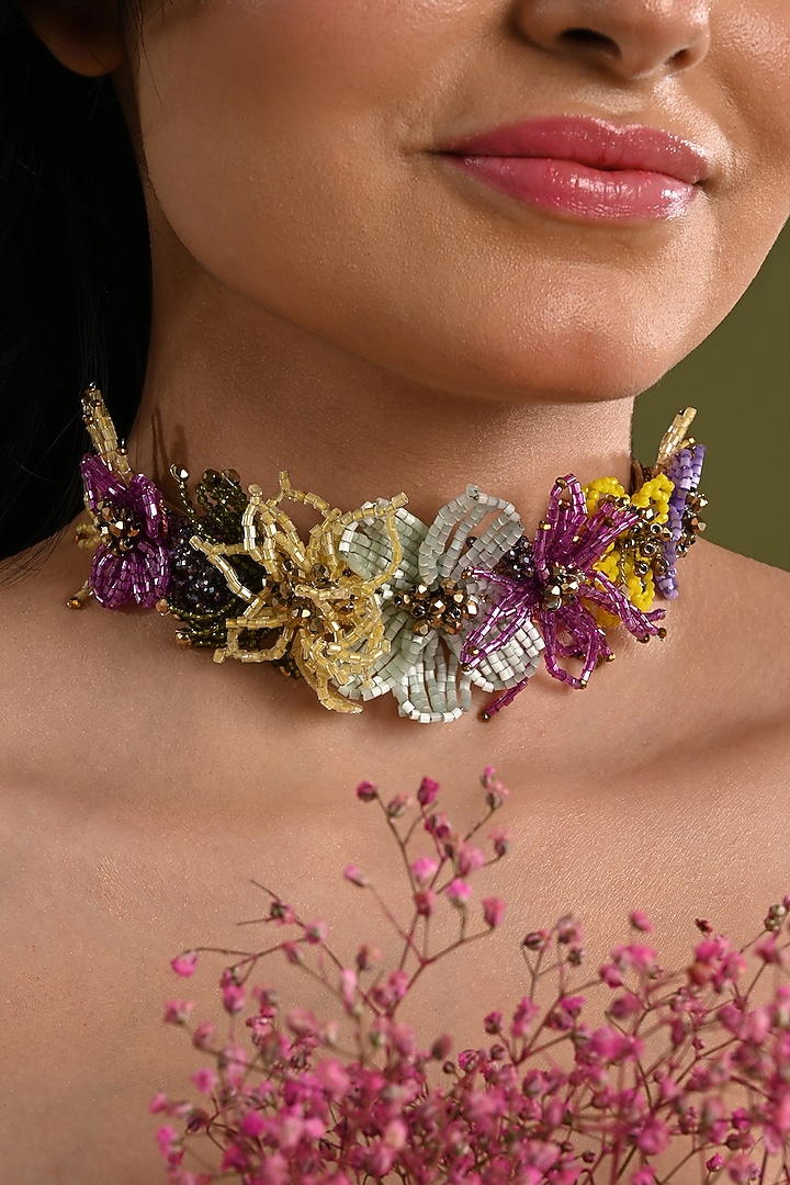 Gold Finish Multi-Colored Crystal Floral Choker Necklace by House of D'oro at Pernia's Pop Up Shop