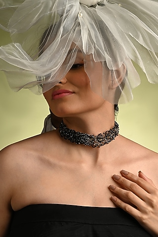 Gold Finish Black Quartz Floral Choker Necklace by House of D'oro