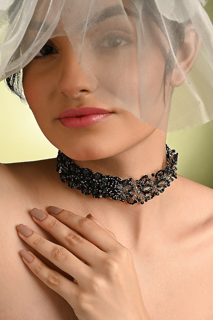 Gold Finish Black Quartz Floral Choker Necklace by House of D'oro at Pernia's Pop Up Shop