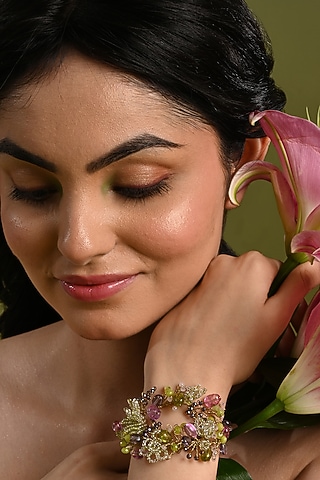 Gold Finish Green Beaded Floral Bracelet by House of D'oro