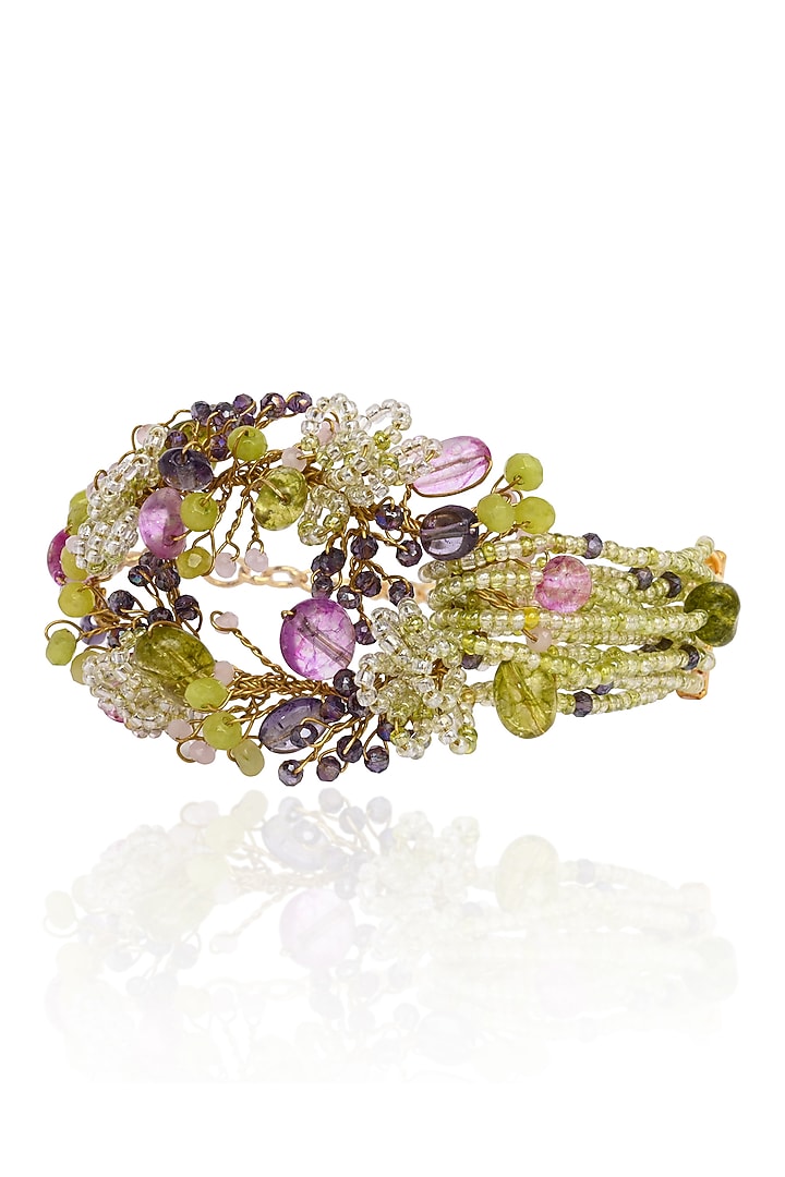 Gold Finish Green Beaded Floral Bracelet by House of D'oro at Pernia's Pop Up Shop
