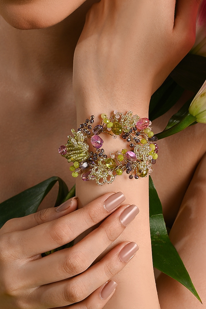 Gold Finish Green Beaded Floral Bracelet by House of D'oro at Pernia's Pop Up Shop