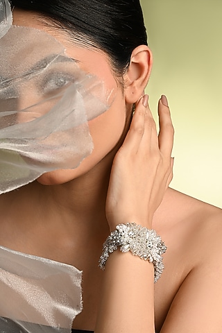 Silver Finish Pearl Floral Bracelet by House of D'oro