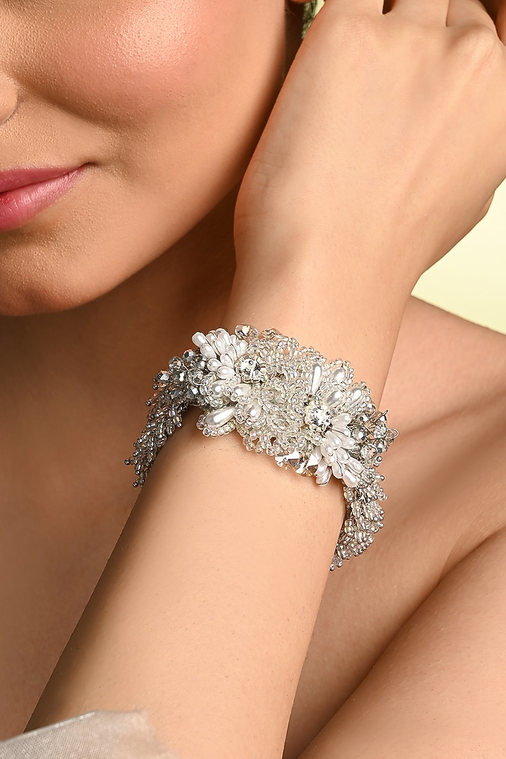 Silver Finish Pearl Floral Bracelet by House of D'oro at Pernia's Pop Up Shop