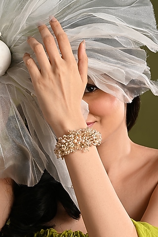 Gold Finish Freshwater Pearl Floral Bracelet by House of D'oro