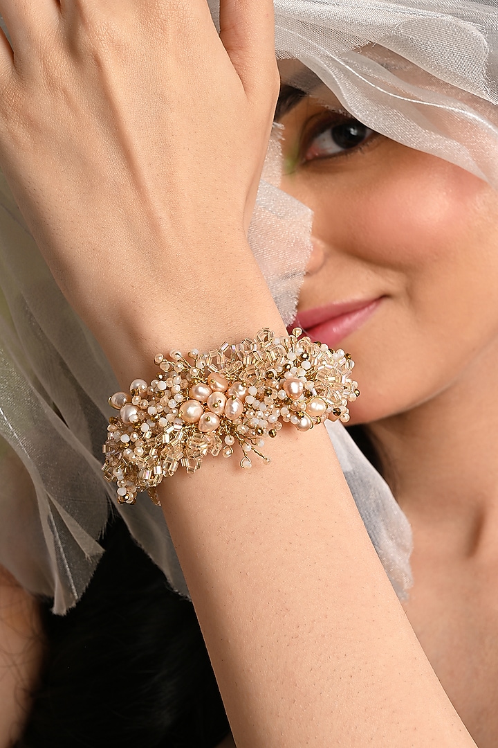 Gold Finish Freshwater Pearl Floral Bracelet by House of D'oro at Pernia's Pop Up Shop
