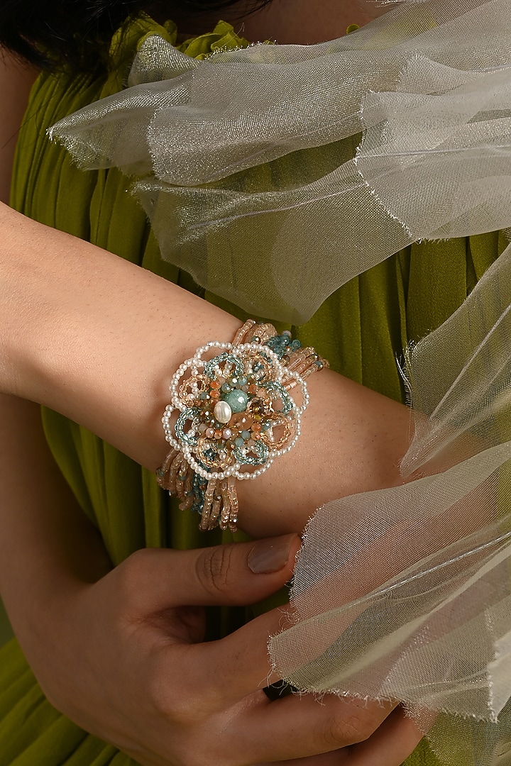 Gold Finish Multi-Colored Quartz & Pearl Floral Bracelet by House of D'oro at Pernia's Pop Up Shop